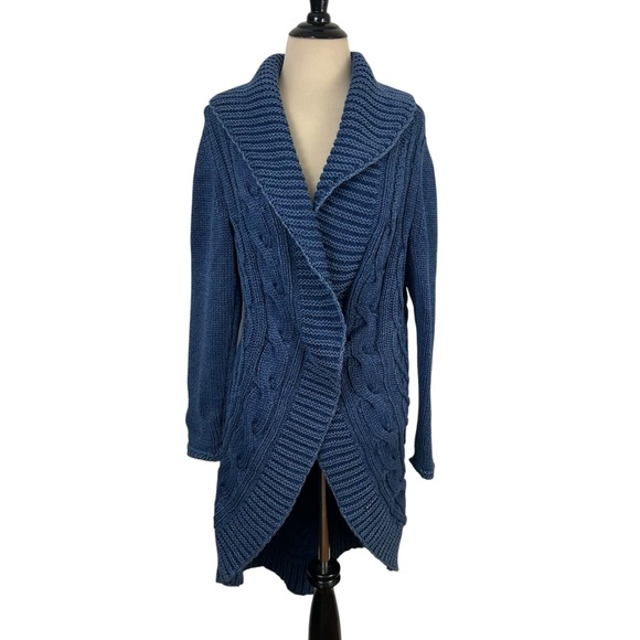 BLUE WILLI'S New Indigo Dyed Duster CARDIGAN SWEATER S Cable Knit Chunky Artsy - Picture 2 of 16